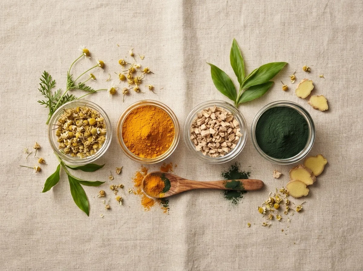 Ingredientes naturales y cápsulas dispuestos sobre una superficie clara