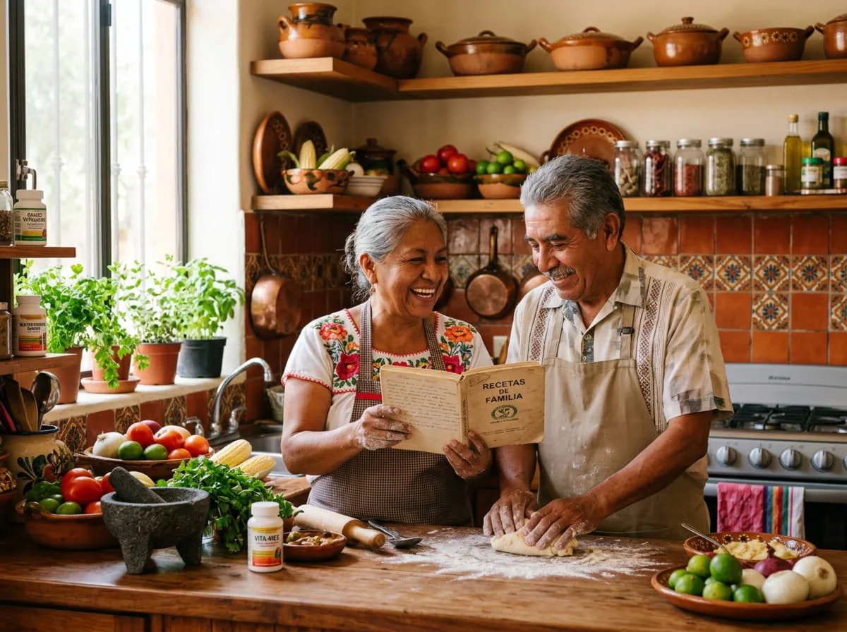 Pareja adulta preparando la comida en la cocina de casa