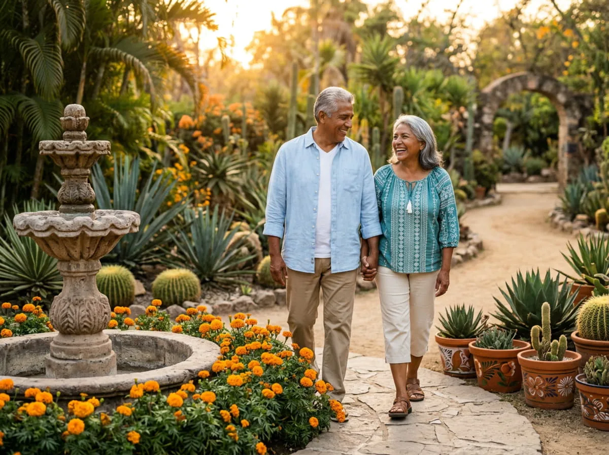 Pareja adulta paseando por un jardín al aire libre